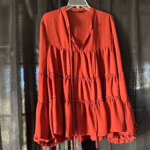 Women's Pumpkin Rust Tiered Blouse with Bell sleeves